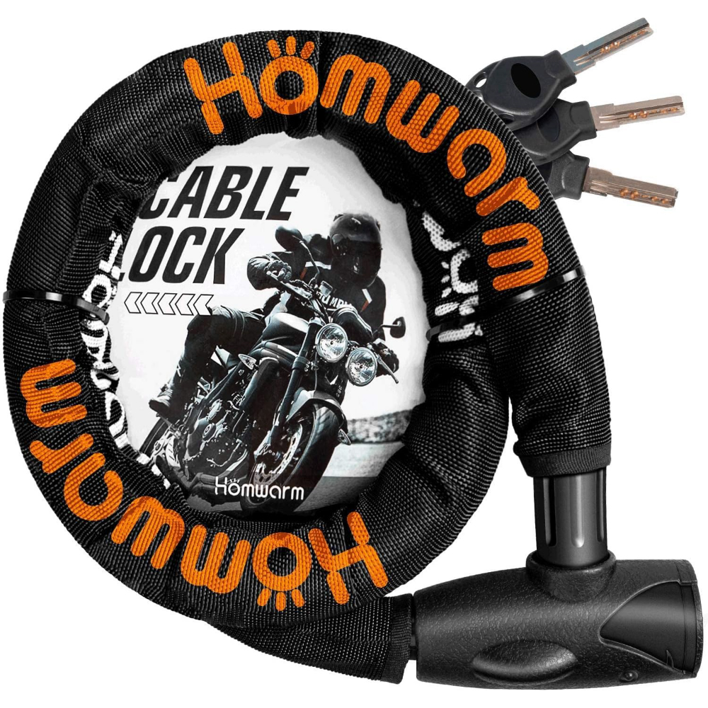 Homwarm バイクロック チェーンロック バイク 自転車 ワイヤーロック φ(直径)22mm×1200ｍｍ 頑丈 盗難防止 鍵3本セット (ブラック)