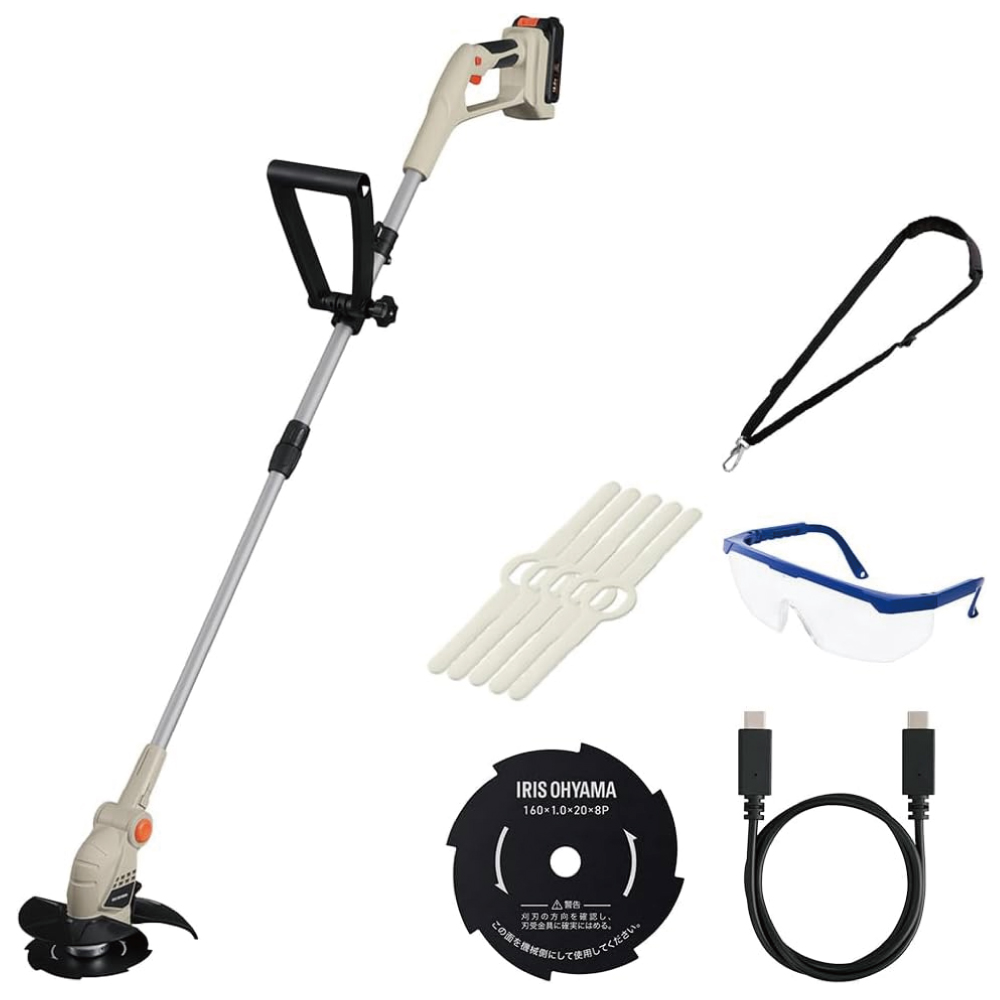 アイリスオーヤマ 充電式草刈機 160mm 18V 金属刃 軽量 2.4kg Type-C充電式 バッテリー付属 充電式グラストリマー JGT160M2TC サンドベージュ