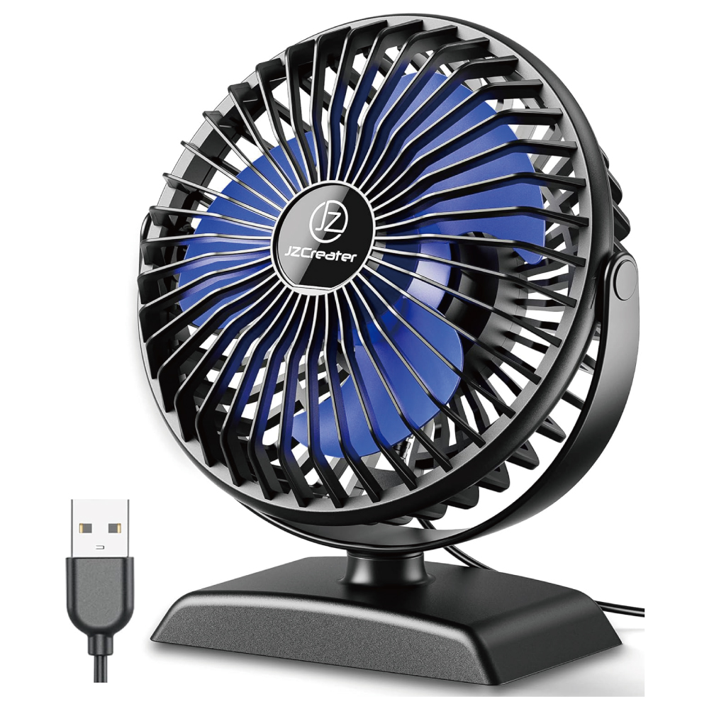 JZCreater 卓上扇風機 デスク用USB扇風機 強風 360 度回転 風量3段階 静音 USB電源 ポータブル小型扇風機 12.4cm (4.9インチ) ブラック+ブルー
