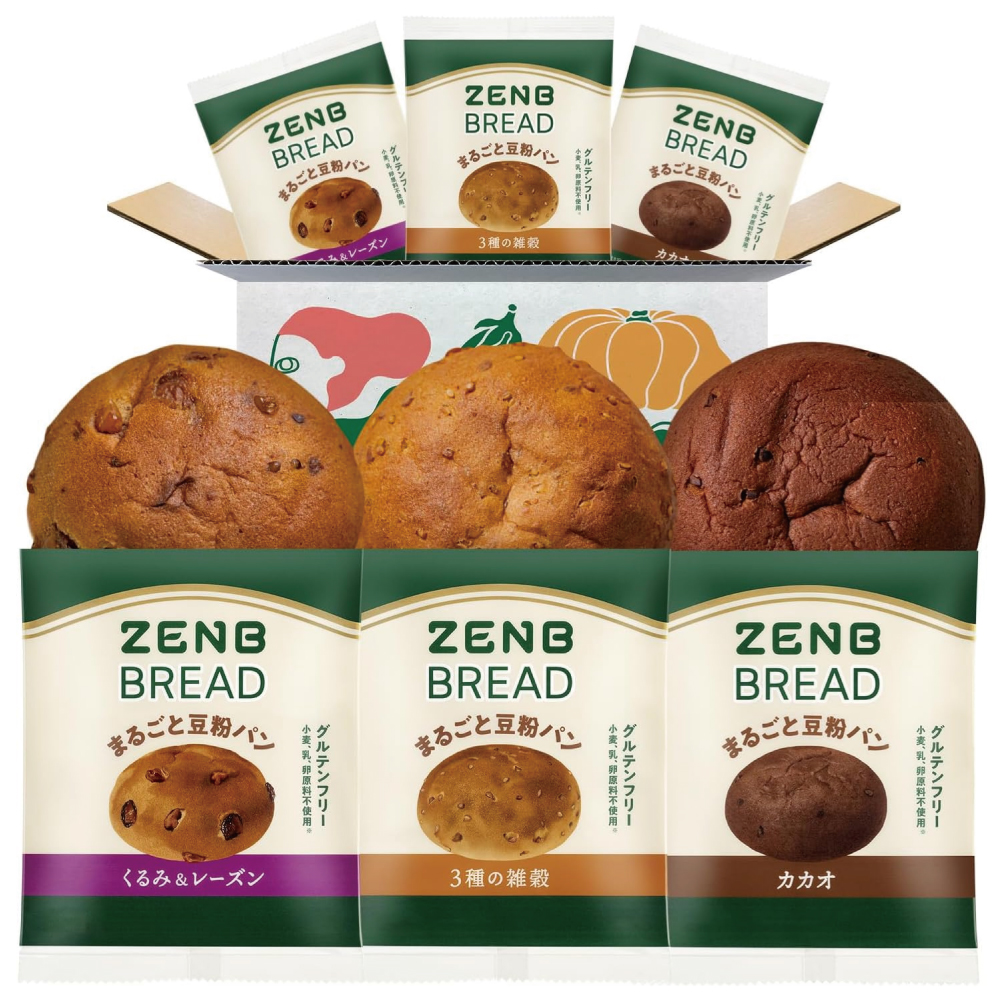 【糖質オフの豆粉パン】 ZENB ゼンブ ブレッド グルテンフリー 3種6個 (くるみ＆レーズン・カカオ・3種の雑穀 各2個)