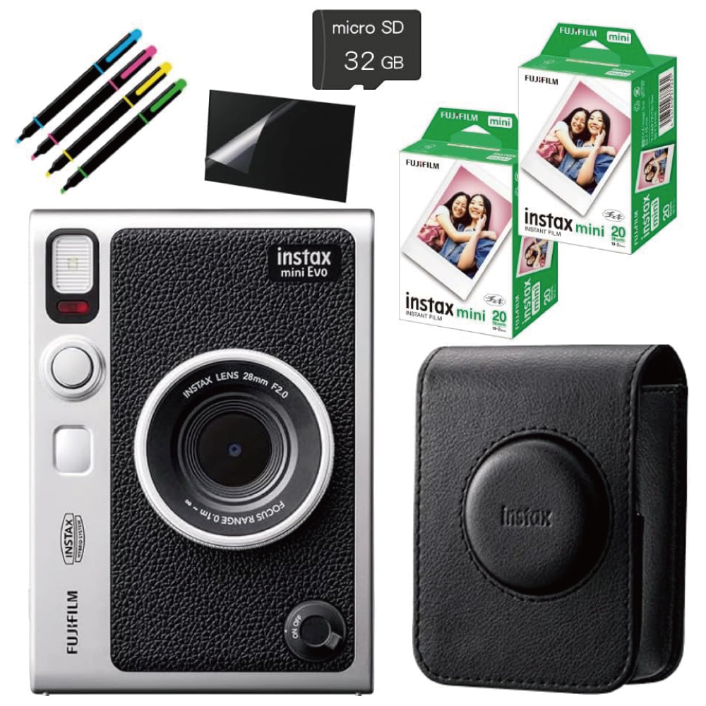 富士フイルム チェキ Evo ハイブリッドインスタントカメラ instax mini Evo＆ケース＆チェキフィルム40枚＆microSD32GB＆液晶保護フィルム＆デコペン (ブラック, 7点セット)